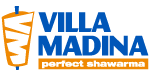 Villa Madina logo featuring a stylized shawarma wrap, emphasizing "perfect shawarma" in blue and orange, relevant to C17media's branding and print solutions.