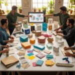 Diverse custom packaging solutions displayed in a creative workspace, highlighting eco-friendly materials and design collaboration