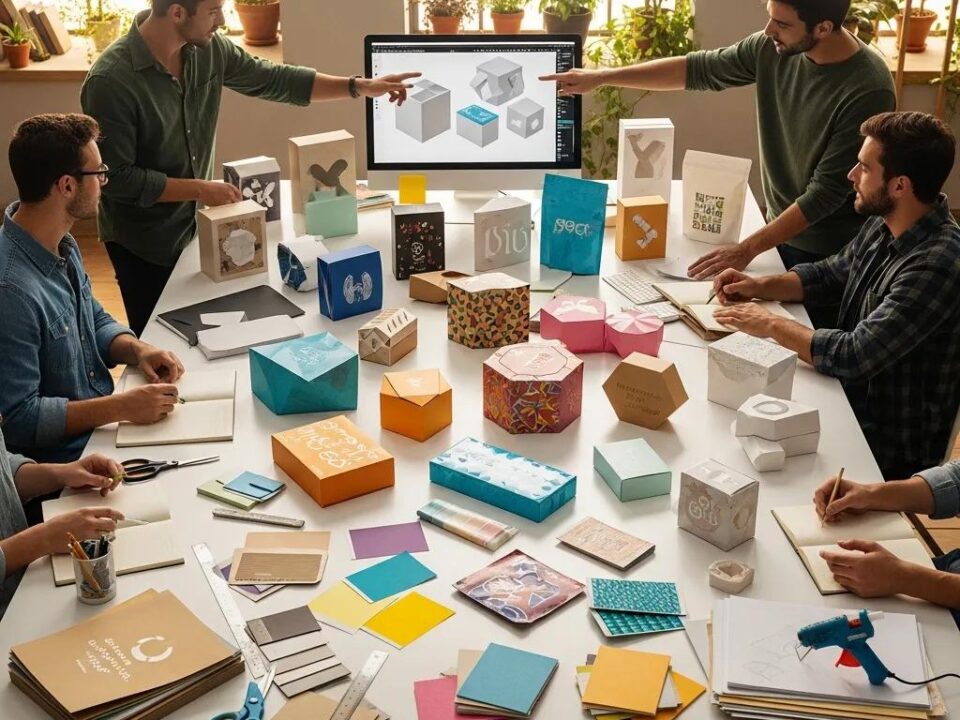 Diverse custom packaging solutions displayed in a creative workspace, highlighting eco-friendly materials and design collaboration